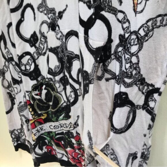 Ed Hardy RARE Vintage Y2K Hoodie Handcuffs Tattoo Crystal Knit Top Sweater L - Picture 12 of 16